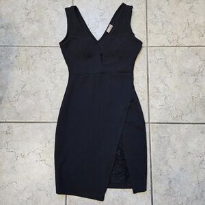Fashion Magazine Dress Midi Womens Size S Black V Neck Lace Slit Evening Party